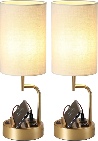 Dreamholder Table Lamp with 3 USB Charging Ports, Modern Desk Lamp with AC Outlet and Phone Stands, Perfect Bedside Lamp for Bedroom, Living Room, Office (Pack of 2), Cream