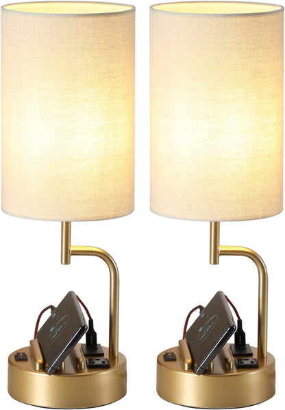 Dreamholder Table Lamp with 3 USB Charging Ports, Modern Desk Lamp with AC Outlet and Phone Stands, Perfect Bedside Lamp for Bedroom, Living Room, Office (Pack of 2), Cream