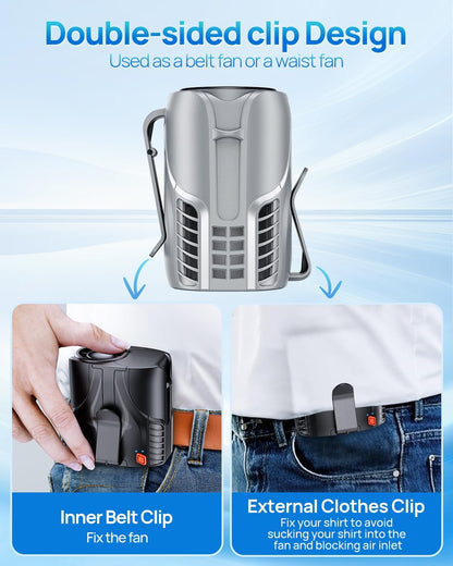 Portable Personal Waist Fan& Neck Fan, 14000RPM Brushless Motor, 40H Runtime Rechargeable, 6-Speed Quiet Operation, Clip-On Personal Body Cooling for Camping/Worksites/Outdoor