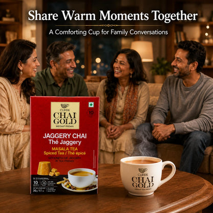 Chai Gold Instant Jaggery Chai Tea Premix Powder, Traditional Indian Milk Tea Latte Mix, Naturally Sweetened with Jaggery, Quick Preparation Hot Beverage, Low Caffeine, 10 count pack