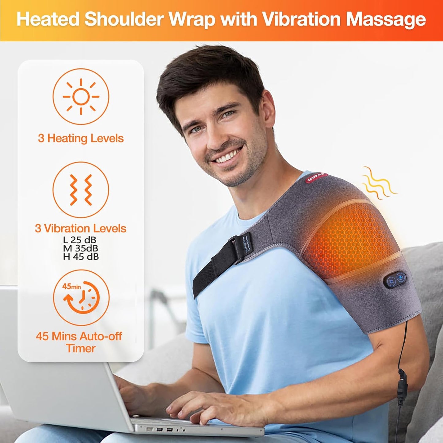Shoulder Heating Pad Massager for Rotator Cuff Upper Arm Pain Relief, USB Powered Heated Shoulder Wrap with Vibration Massage for Women Men Travel Outdoor (Non-Rechargeable)