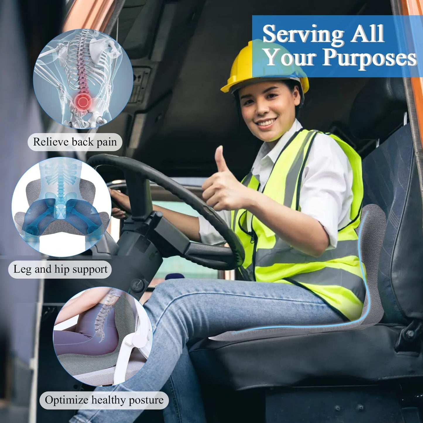 Car Seat Cushion, Memory Foam Driving Cushion with Adjustable Strap, Ergonomic Pad for Car & Semi Truck, Office Chair Cushion for Sciatica & Lower Back Pain Relief, Dark Gray