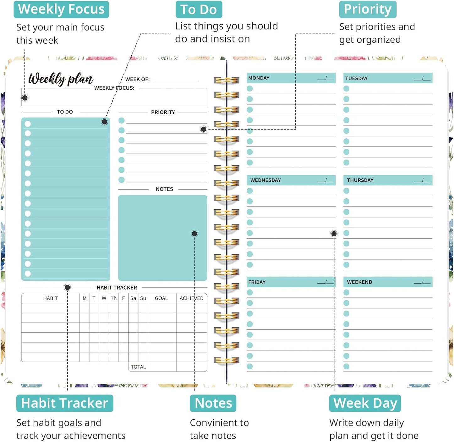 Taja Undated Weekly Planner, Weekly To Do List Notebook with Goal & Habit Tracker Organizer, A5 Weekly Planner Notebook with Spiral Binding, 6.1" x 8.2" - Green