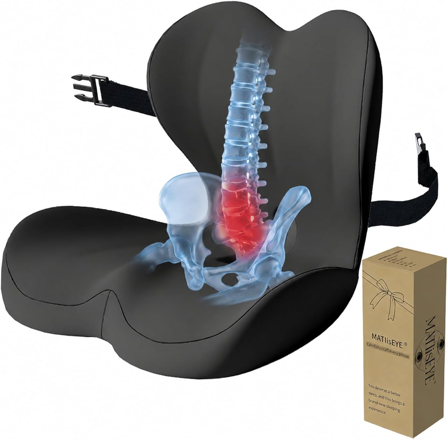 2026 Upgraded Orthopedic Memory Foam Seat Cushion with Adjustable Strap, Coccyx & Sciatica Pain Relief, Washable Non-Slip, Ergonomic Support for Office Chair, Car & Wheelchair (Dark Grey)