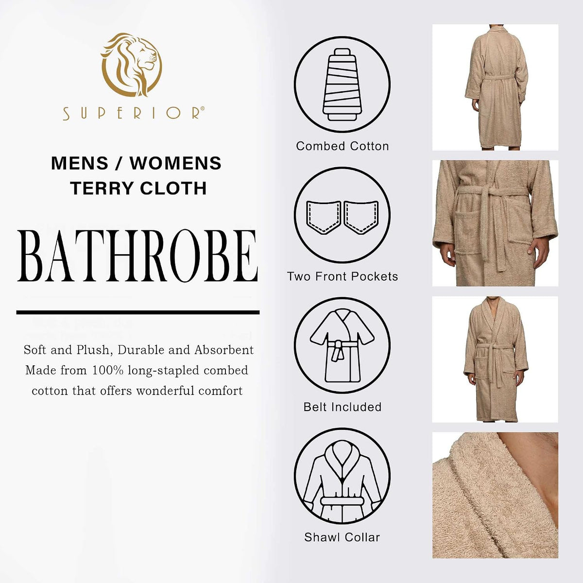 Cotton Unisex Terry Robe, Soft And Absorbent Robes For Men And Women, Bathroom Accessories