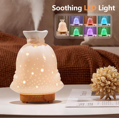 Essential Oil Diffuser Hand Blown Glass Aromatherapy Diffuser - Ultrasonic Cool Mist Scent Aroma Diffuser, Whisper Quiet with Auto Shut-Off, Timer Setting &7 Colors Night Light for Home