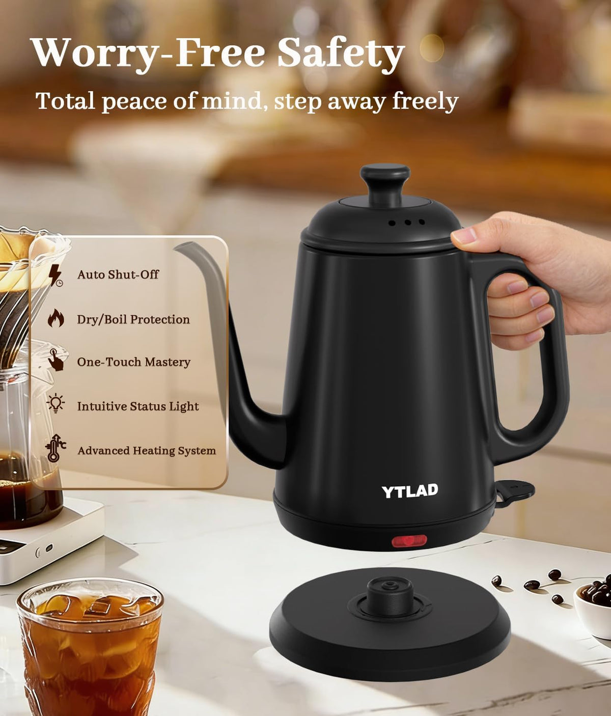 Gooseneck Electric Kettle 1L, 1000W, Pour-Over Coffee & Tea