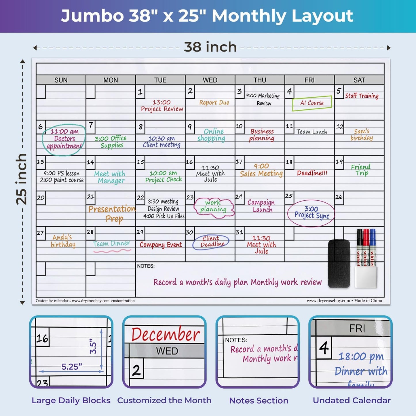 Dry Erase Monthly Extra Large White Board Calendar for Wall, 25" by 38", Jumbo Laminated Erasable One Month Whiteboard Calendar, Huge Oversized Blank 30-Day Poster with Lines and Squares