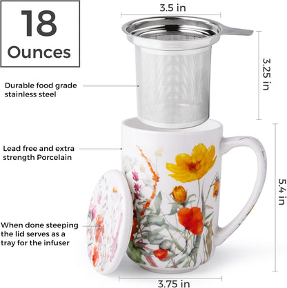 AmorArc Porcelain Tea Mug with Infuser and Lids, 18 Oz Large Cup Strainer with Bag Holder for Loose Leaf Tea, Steeping Coffee Mug for House-warming Wedding Birthday Gift