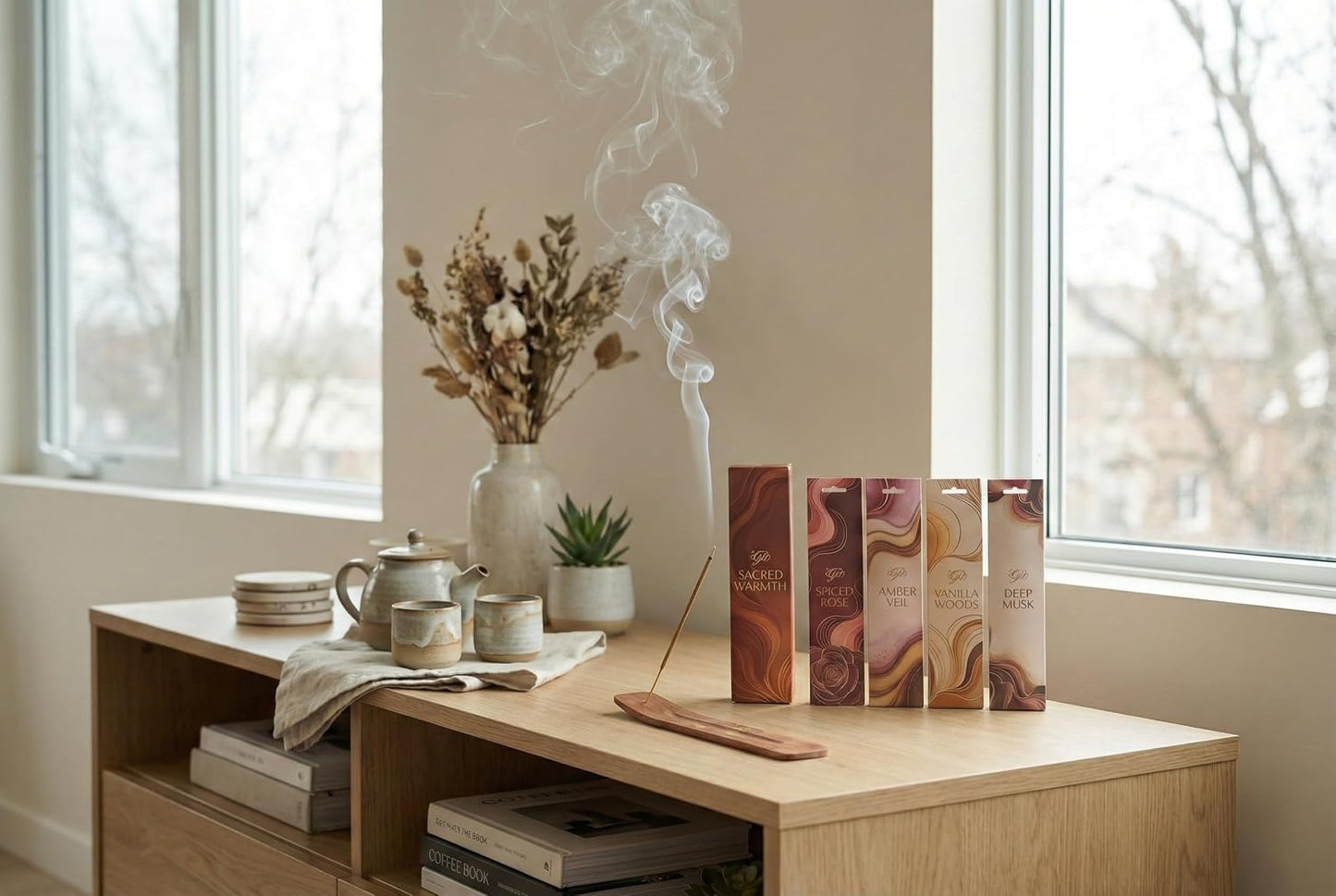 Incense Sticks Variety Pack with Wooden Holder | Nag Champa, Rose, Lavender, White Sage, Frankincense, Palo Santo & Sandalwood | Hand-Rolled Masala Incense