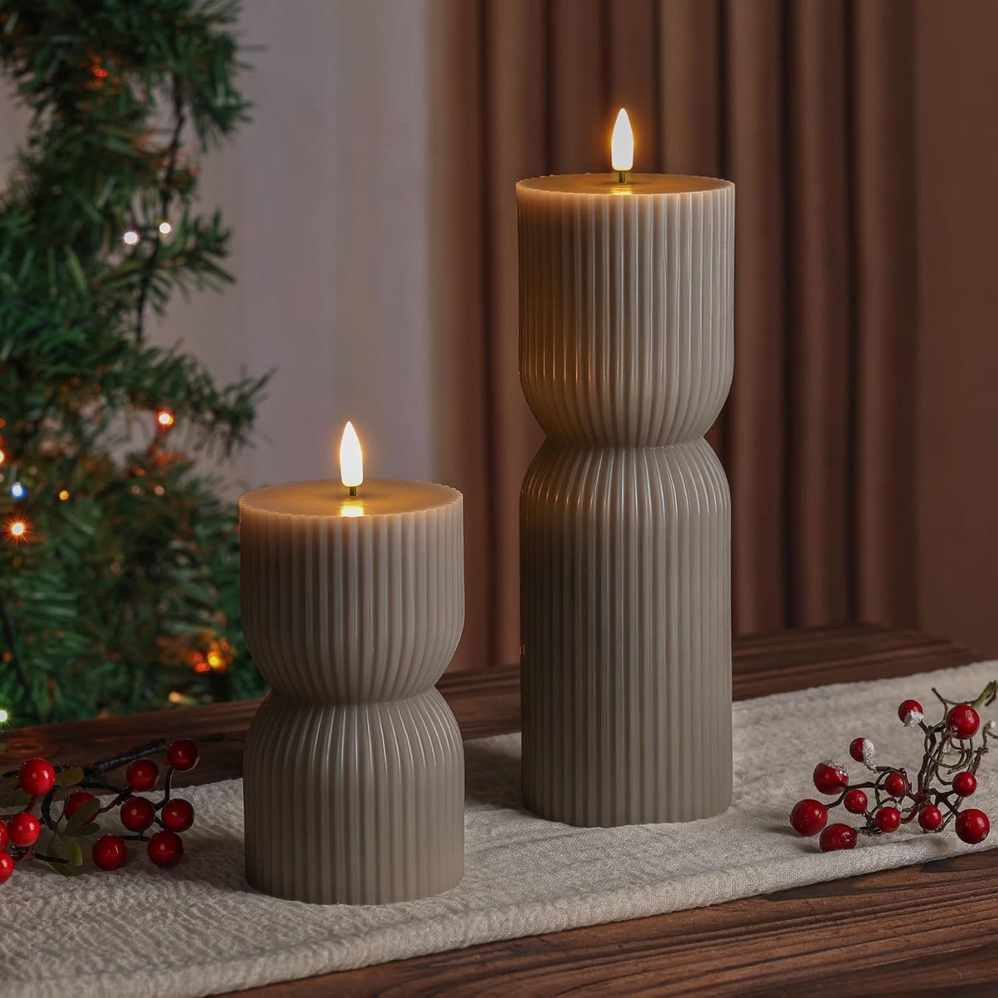 White Ribbed Flameless Pillar Candles with Remote, Real Wax Flickering Battery LED Candles Set of 2