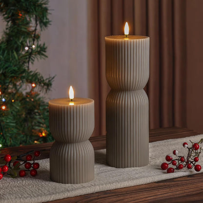 White Ribbed Flameless Pillar Candles with Remote, Real Wax Flickering Battery LED Candles Set of 2