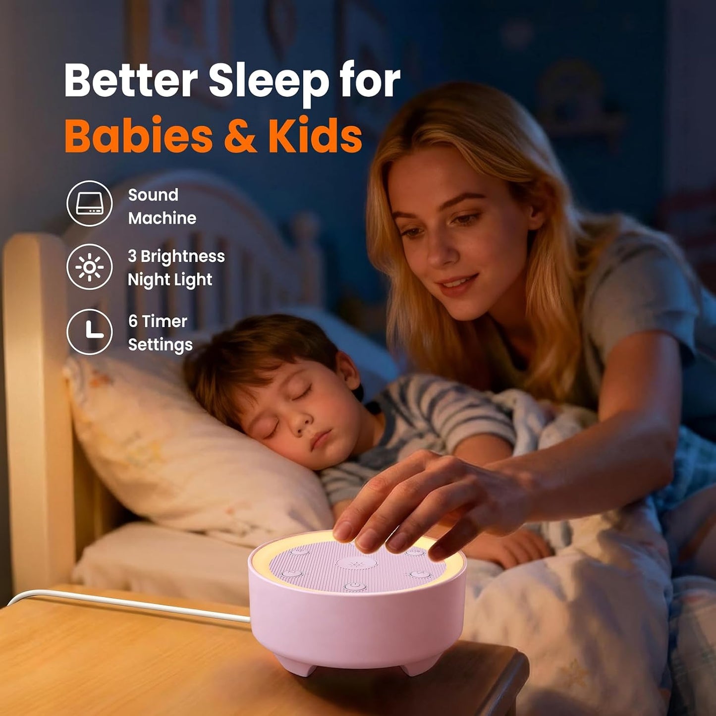 Kipcush White Noise Machine for Sleeping – High-Fidelity Non-Looping Sounds, Dimmable Night Light, USB Powered, Sleep Sound Machine for Baby, Kids & Adults (A - Model White+, Standard)