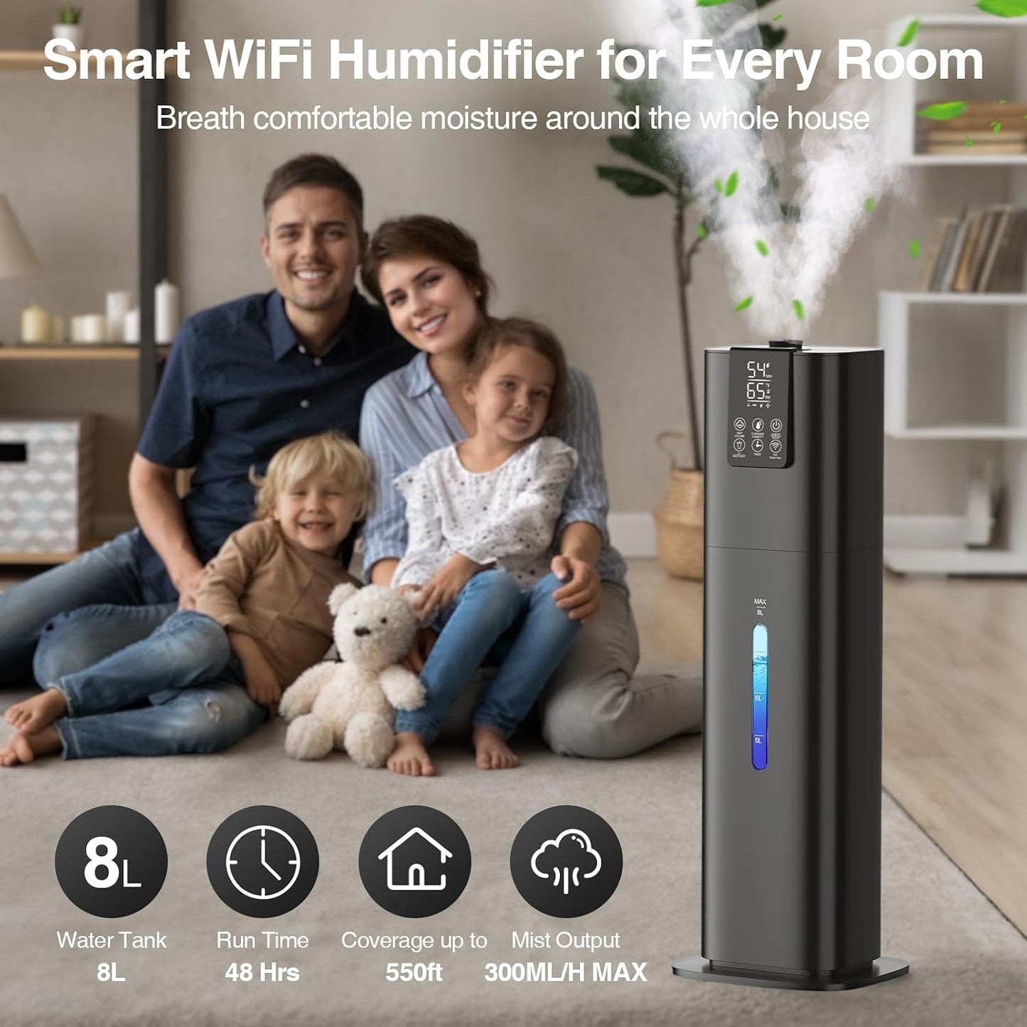 8L/2.1 Gal Smart Humidifier Large Room, Top Fill Cool Mist Humidifiers for Bedroom with App & Remote Control, Night Light, 24H Timer, Aroma Box & 360° Nozzles, Humidifier for Home, Office & Plants