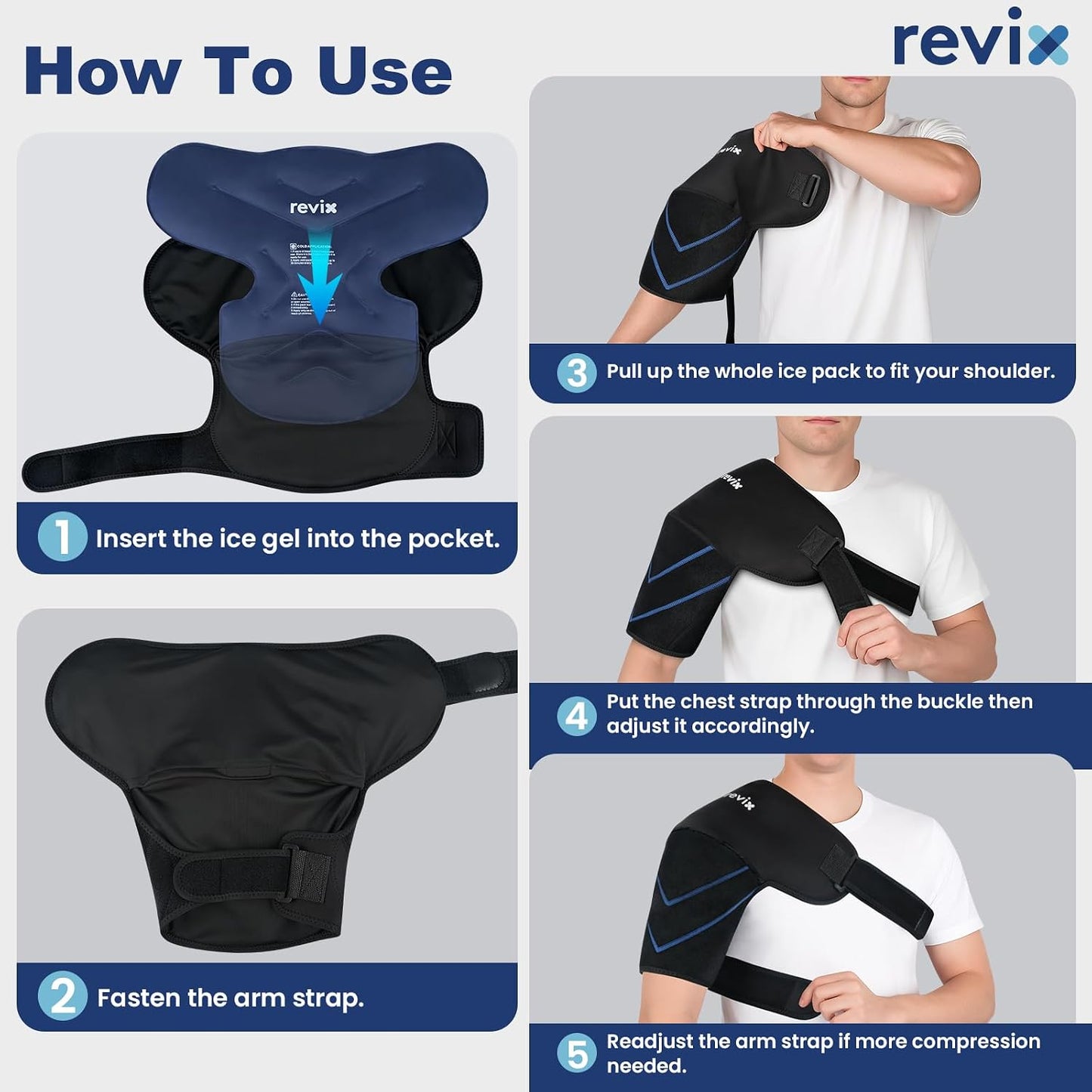 REVIX Large Shoulder Ice Pack Wrap, 2 Gel Packs+1 Shoulder Brace for Rotator Cuff and Arm, Reusable Gel Cold Therapy Wrap for Discomfort Relief & Muscle Relaxation, Easy to Wear & Remove