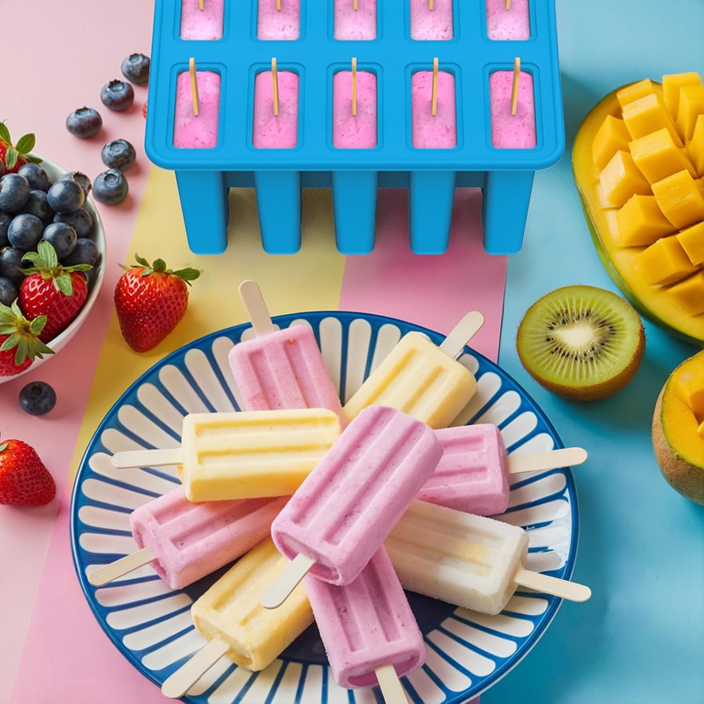 Miaowoof Homemade Popsicle Molds, 10-Cav Non-BPA Silicone Ice Pop Maker, with 50 Sticks, 50 Bags, 10 Reusable Sticks, Funnel, Brush and Ice Pop Recipe (Red)