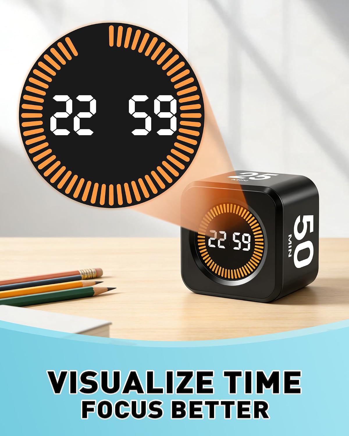 Pomodoro Timer Cube for Productivity — 5/25/10/50 Minutes Preset, Digital Gravity Sensor Desk Visual Timer for ADHD, Silent Mode, Ideal for Office, Study, Kitchen & Kids (White)