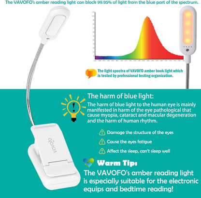 VAVOFO Amber Rechargeable Reading Light, Blue Light Blocking Book Light, 7 LEDs Eye Care 9 Colors 9 Brightness Clip On for Kids Bookworms Reading in Bed with Power Indicator Lasting 70h (Black)