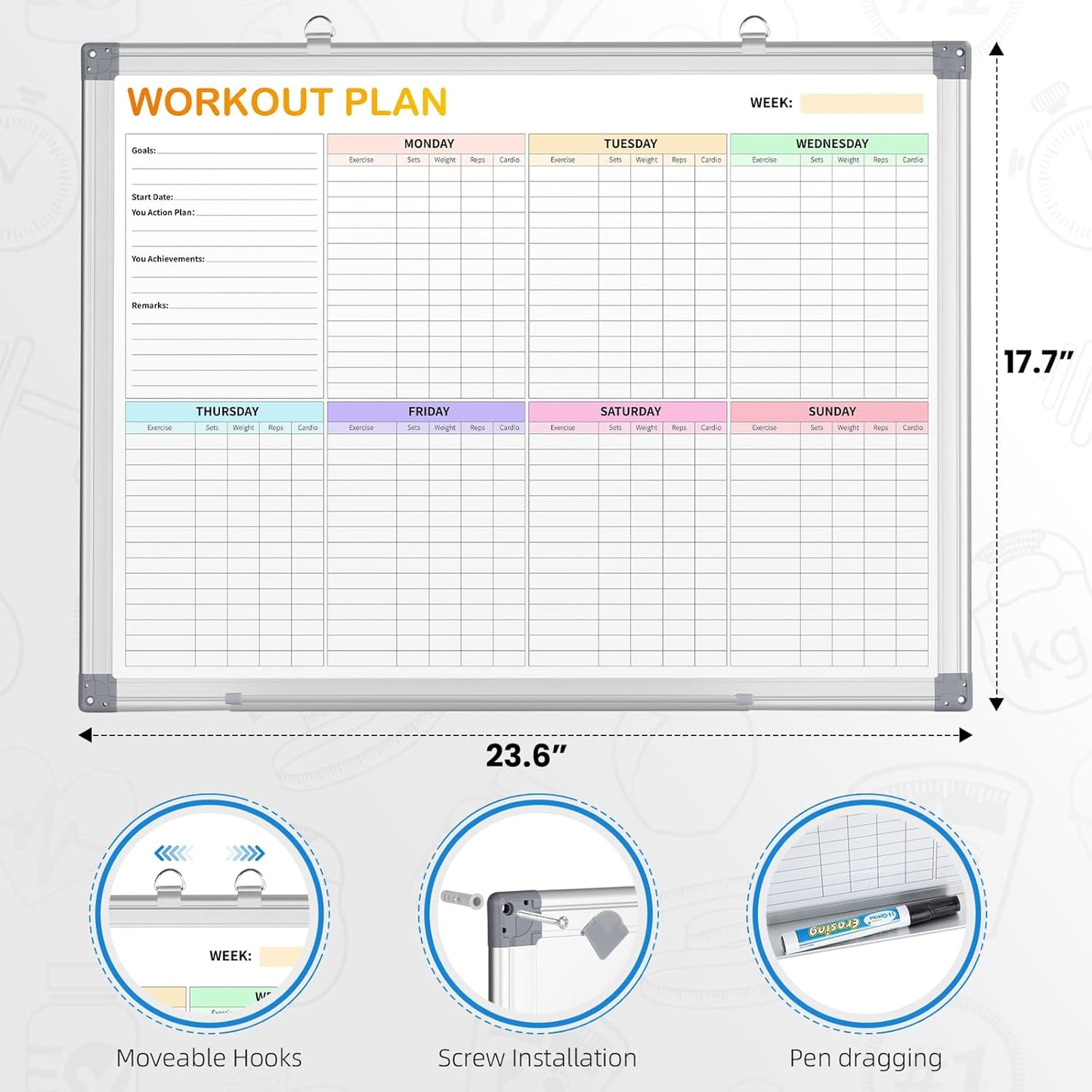 Workout Plan Dry Erase Magnetic Whiteboard for Refrigerator-Weekly Fitness Tracker Gym Exercise Tracker Schedules and Checklists