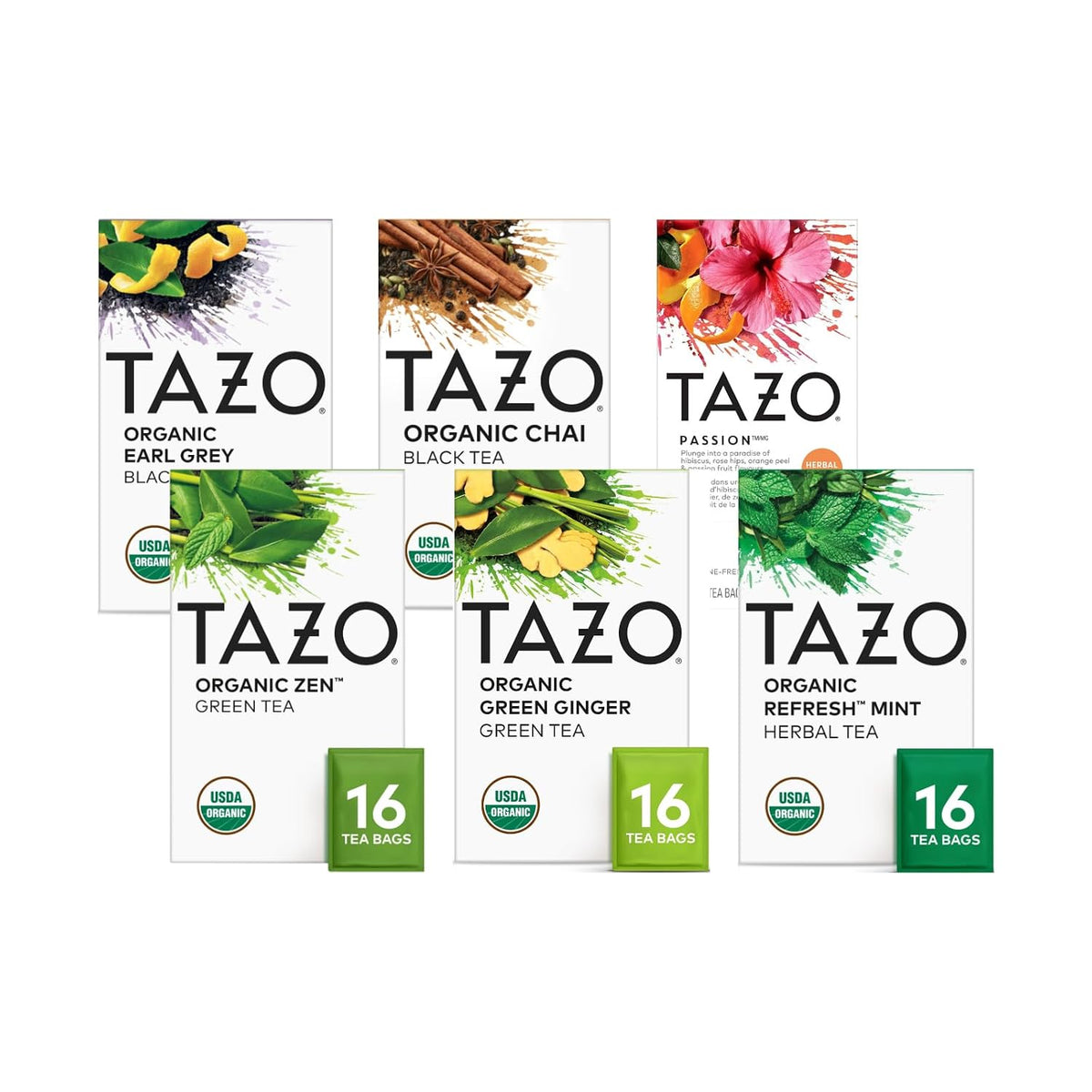 TAZO Organic Tea Variety Pack for Daily Wellness and Tea Enjoyment, Earl Grey Black Tea, Chai Black Tea, Zen Green Tea, Green Ginger Tea, Refresh Mint and Passion Herbal Tea (Variety Pack)