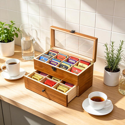 WELLAND Wood Tea Bag Organizer, Storage Box with Clear Acrylic Window, 2-layer 14 Compartments Large Capacity Tea Bag Holders, Gift Idea