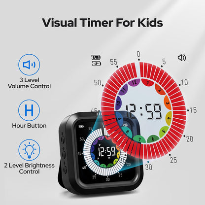 Visual Timer for Kids with Color Display Kitchen Timer 1500mAh Battery | Memory Function Scroll Wheel Control, Magnetic Back with Stand, Up to 12h59m Countdown, Kitchen, Study & Classroom