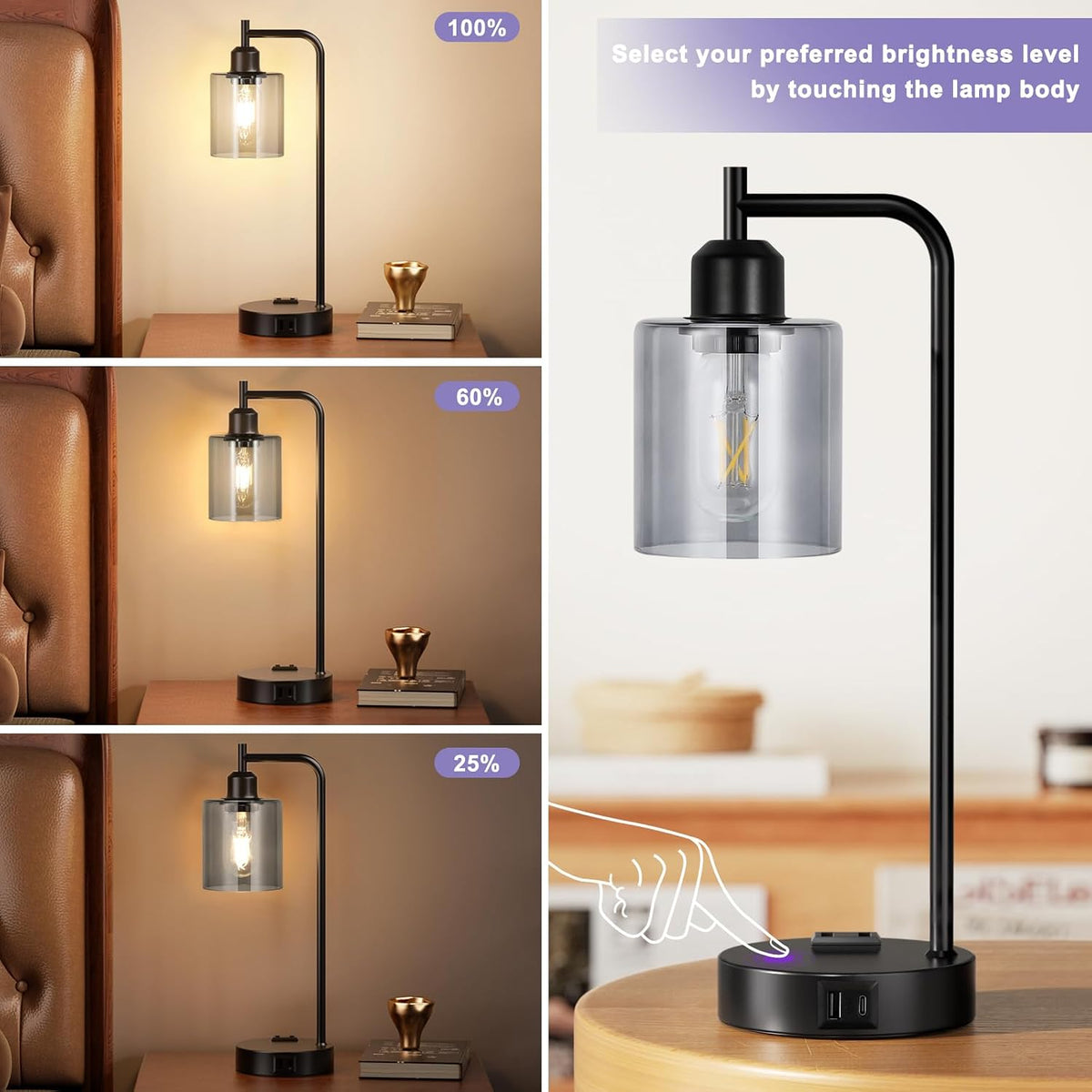 Industrial Touch Lamps for Nightstand Set of 2, 3-Way Dimmable Bedside Lamp