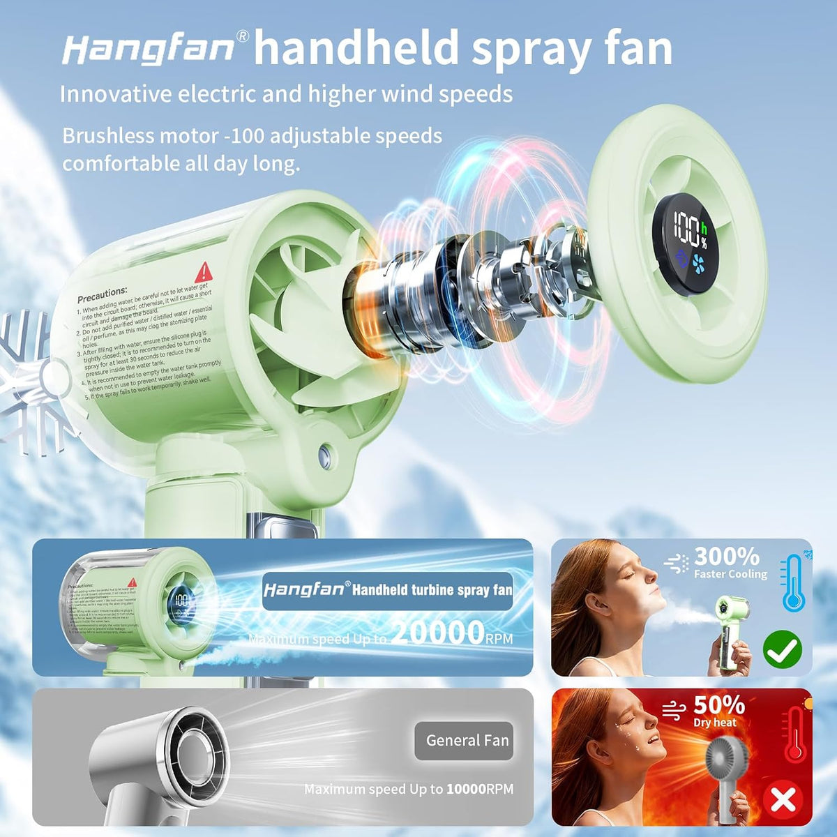Handheld Misting Fan,20000 RPM,100 Speeds,Nano Mist,LED Display