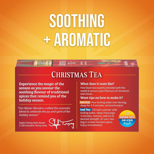 Twinings Christmas Black Tea Individually Wrapped Bags, 20 Count (Pack of 1), Aromatic Cinnamon & Clove, Caffeinated, Enjoy Hot or Iced, 20 Teabags