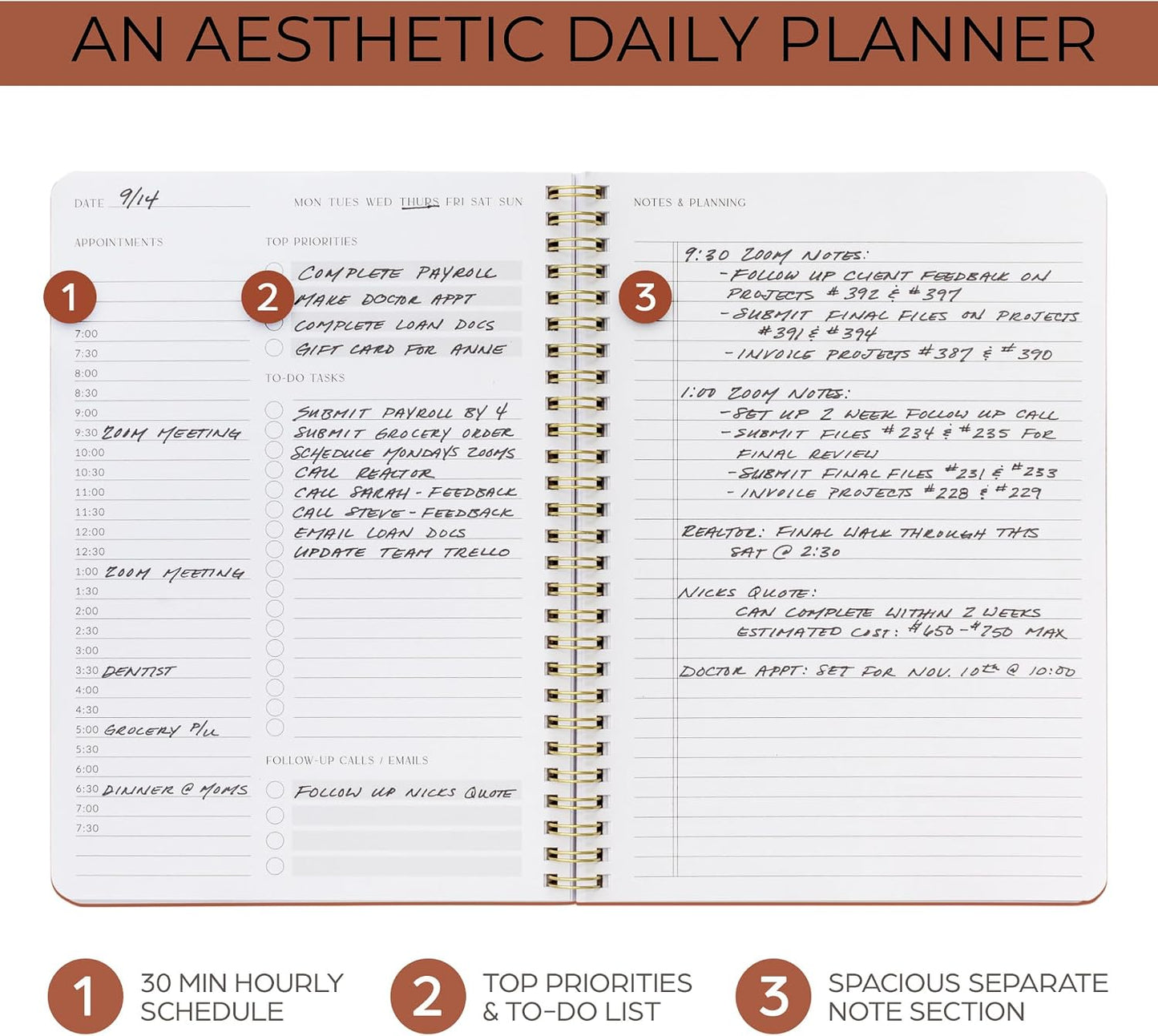 Beautiful Daily Planner And Notebook With Hourly Schedule - Spiral Notebook