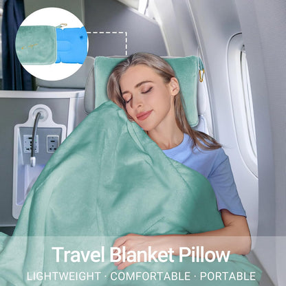 Compact Travel Blanket for Airplane, Premium Soft 2-in-1 Blanket with Pillowcase and Carry Bag, Lightweight Travel Essentials with Luggage Sleeve and Backpack Clip, Mint Green