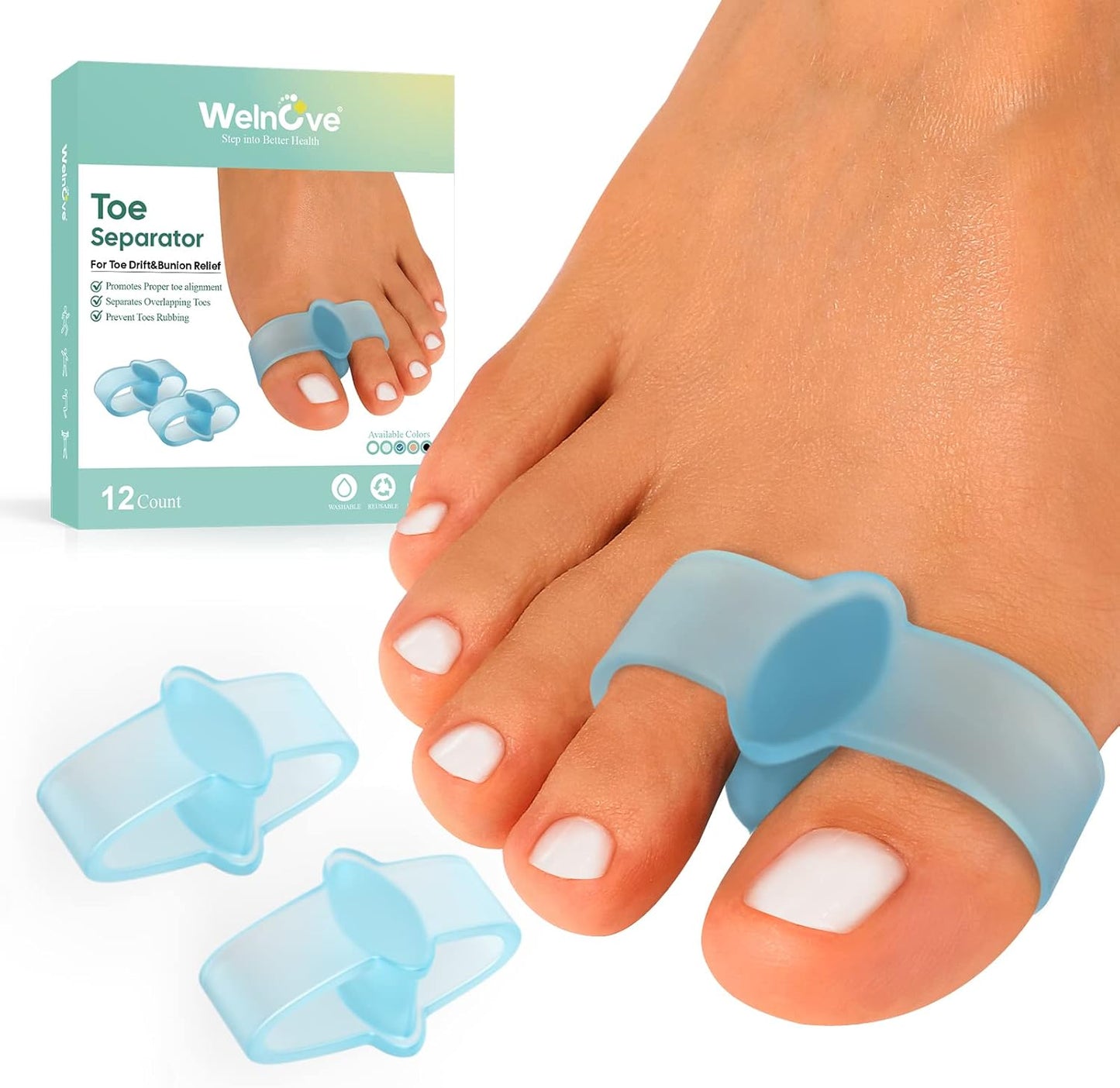 Welnove Pack of 12 Bunion Corrector, Toe Separators with 2 Loops, Big Toe Spacer Suitable for Bunion and Overlap Toe (White)