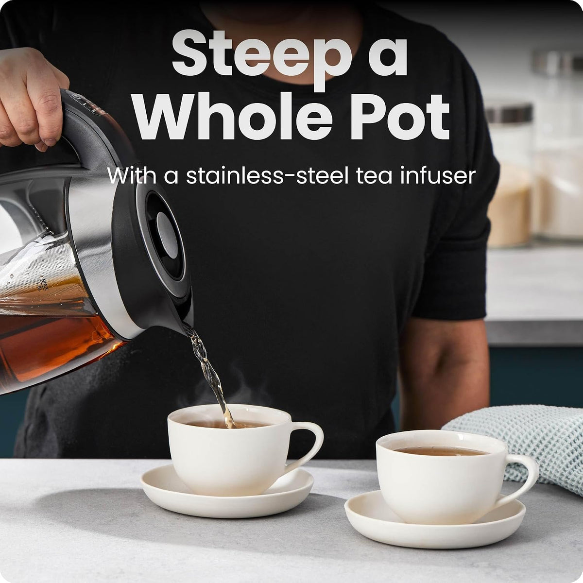 CHEFMAN Electric Kettle - 1.2L 1500W Hot Water Tea Pot with Infuser, BPA Free, Auto Shut Off, Boil-Dry Protection, Removable Lid, LED Light, Cordless Glass Electric Tea Kettle – Stainless Steel
