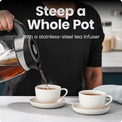 CHEFMAN Electric Kettle - 1.2L 1500W Hot Water Tea Pot with Infuser, BPA Free, Auto Shut Off, Boil-Dry Protection, Removable Lid, LED Light, Cordless Glass Electric Tea Kettle – Stainless Steel