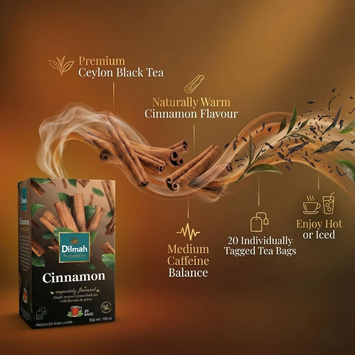 Dilmah Cinnamon Black Tea – 20 Tea Bags | Fun Flavored Ceylon Tea, Warm Spiced Aroma, Medium Caffeine, Ceylon cinnamon tea bags