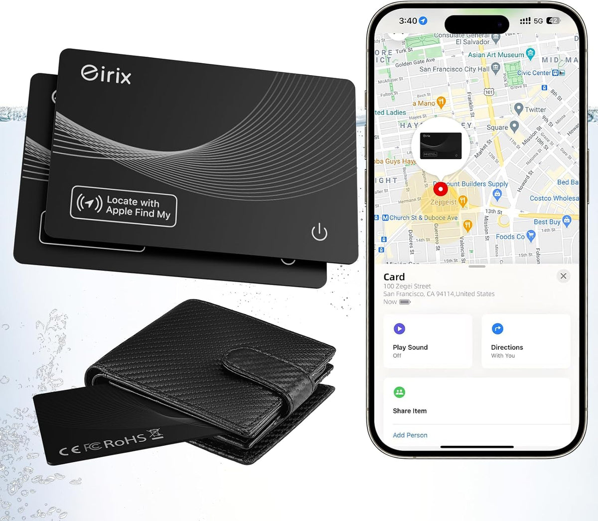 Smart Wallet Tracker Card - Item Finder for Luggage, Keys & Passport 、Compatible with Apple Find My、Slim, Rechargeable & IP68 Waterproof (4 Black)