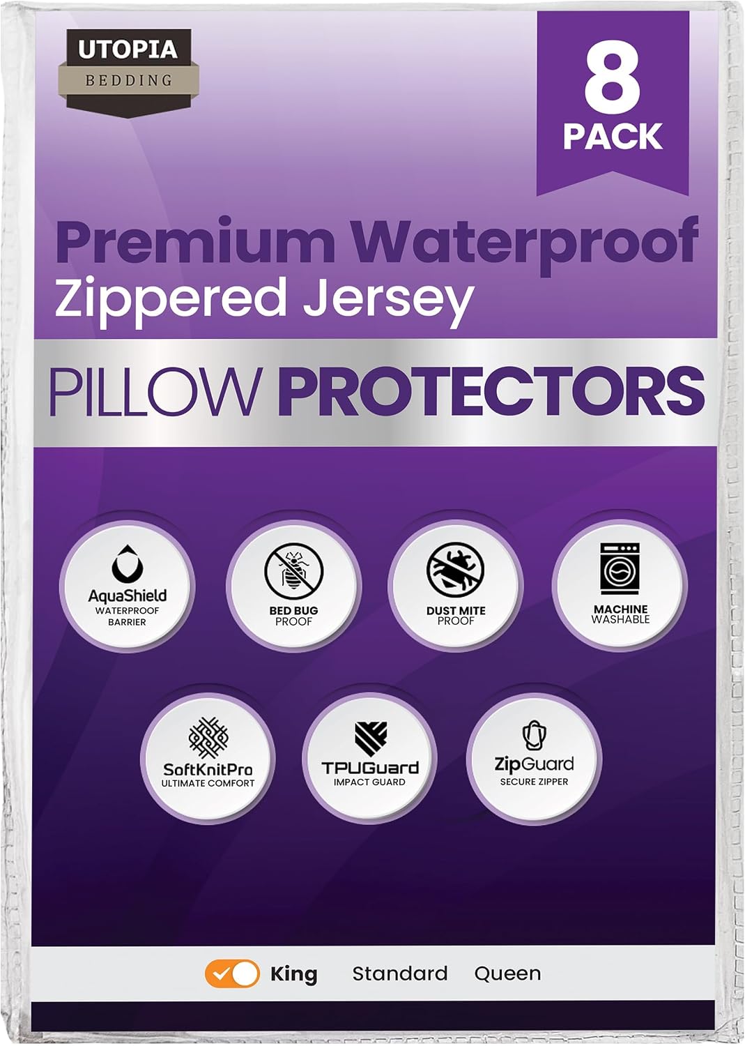 Set of 4 Pillow Protectors with Zipper Standard Size, Bed Bug and Dust Mite Proof Pillow Covers, Ultra Soft Pillow Encasements, Moisture Wicking and Waterproof Pillow Cases by Utopia Bedding (White)