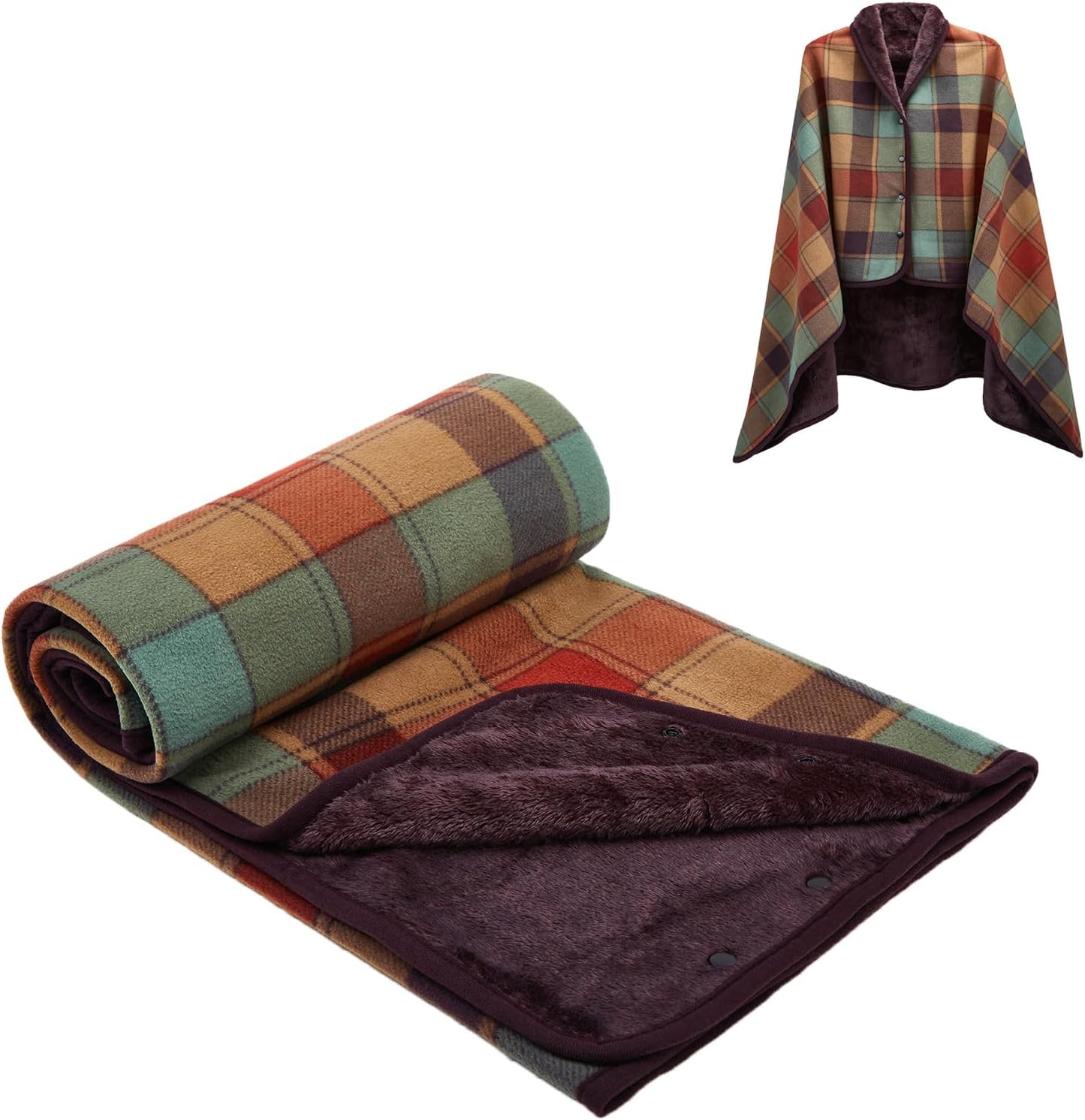 forestfish Fleece Wearable Blanket, Plaid Lap Blanket Comfy Poncho Throw with Buttons for Bed Sofa Office, Grey-White