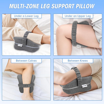 Knee Pillow for Side Sleepers & Sciatica Pain Relief, Memory Foam Leg Pillow for Side Sleeping with Detachable and Adjustable Strap, Two Covers, Blue& Grey, Gifts for Men and Women, One Pillow Only