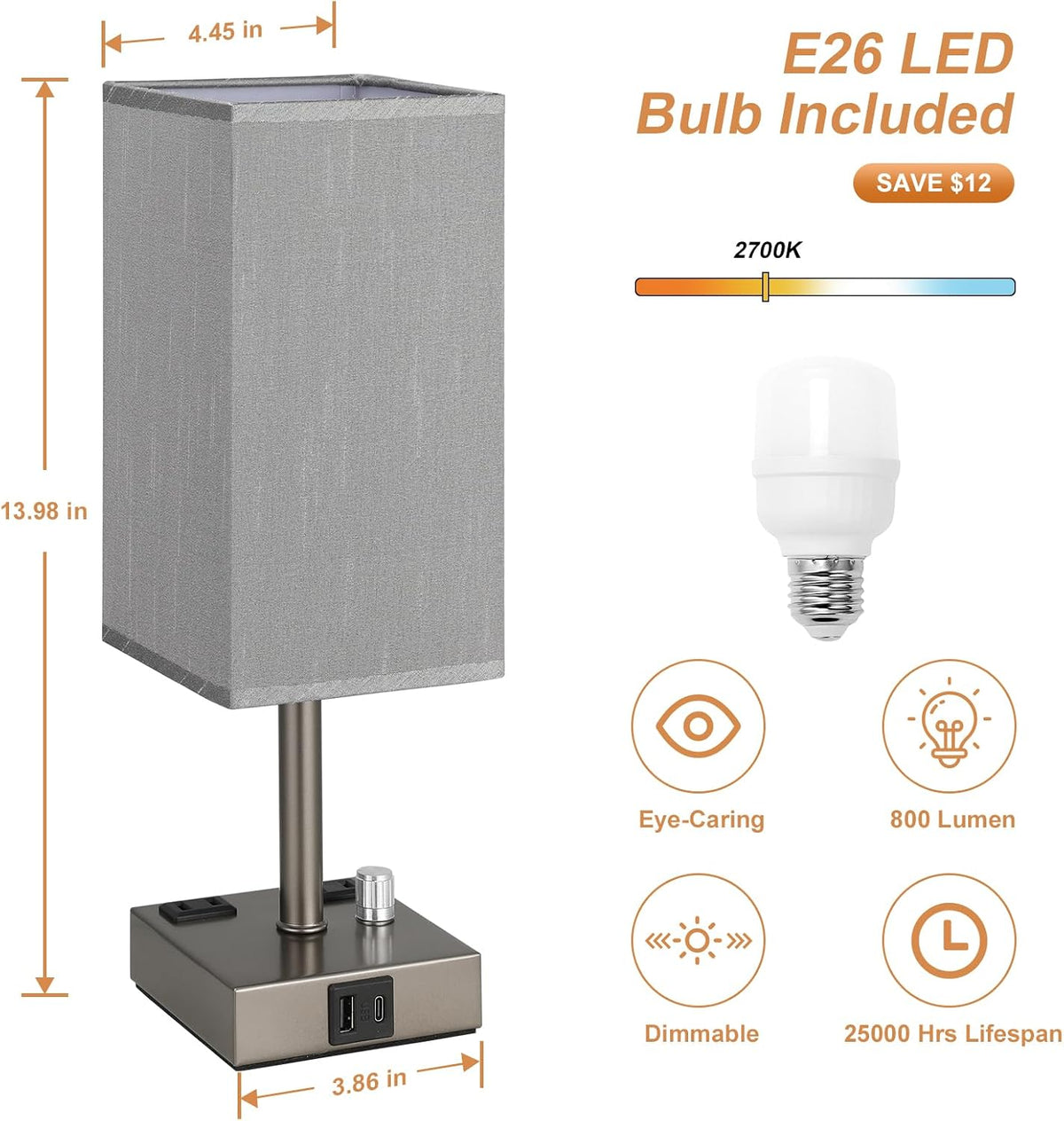 Bedside Table Lamps Set of 2 for Bedroom - Dimmable, USB C+A, 2 AC Outlets