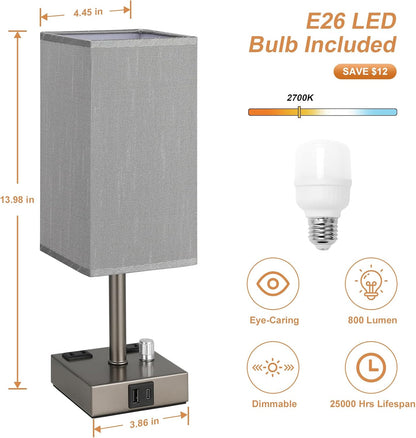 Bedside Table Lamps Set of 2 for Bedroom - Dimmable, USB C+A, 2 AC Outlets