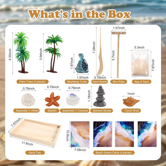 Beach Mini Zen Garden Kit for Desk Decor,Sea Turtle Meditation Yoga Figurines Sand Tray Therapy Office Decor,Coastal Beach Decorations Accessories for Home Room,Mindfulness Gifts for Yoga