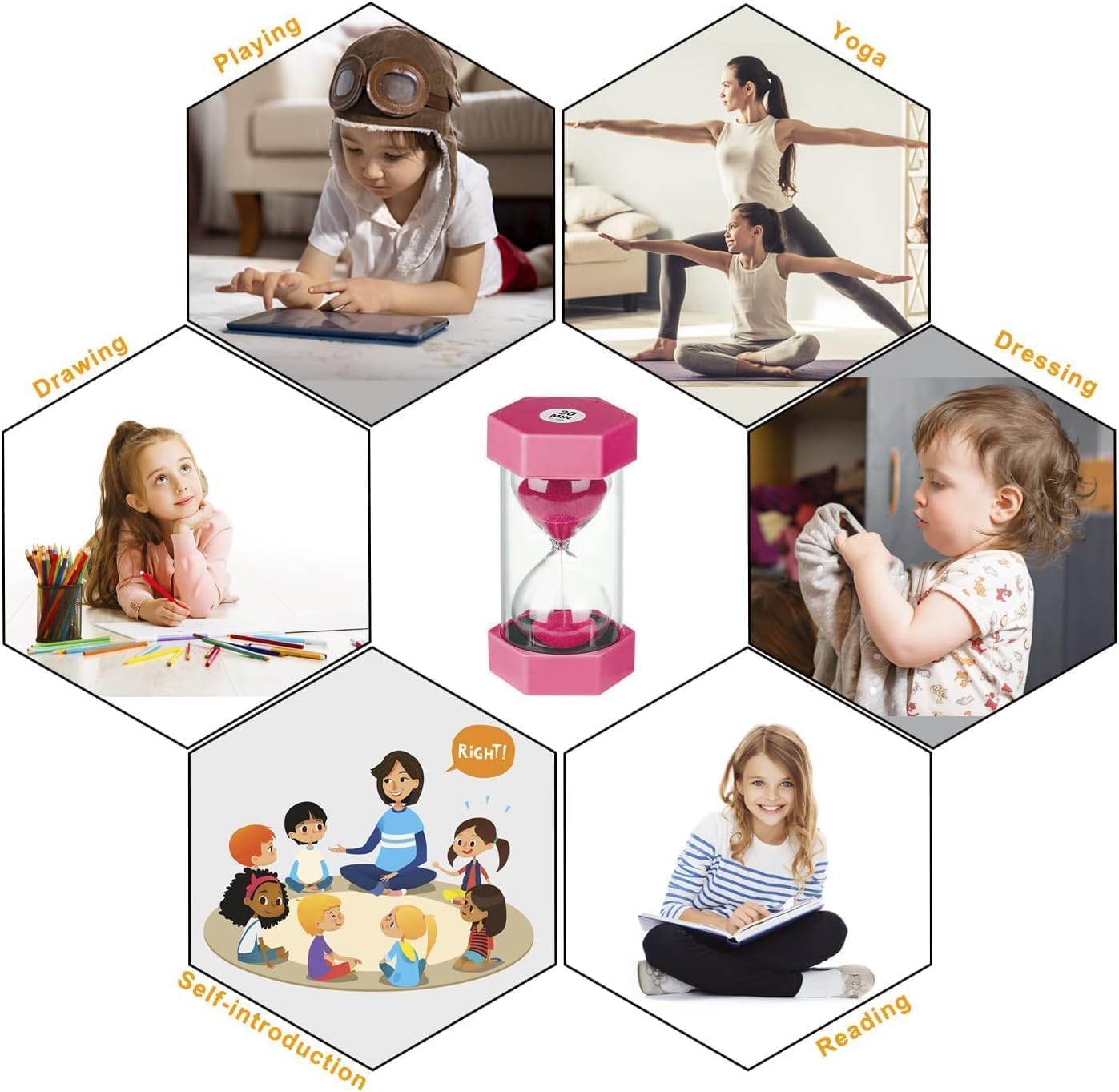 5 PCS Hourglass Kids Hourglass Timer Hourglass Set Colorful Sand Clock Kitchen Timer Time Management Includes 1 Minute, 3, 5, 10, and 30 Minutes, Different