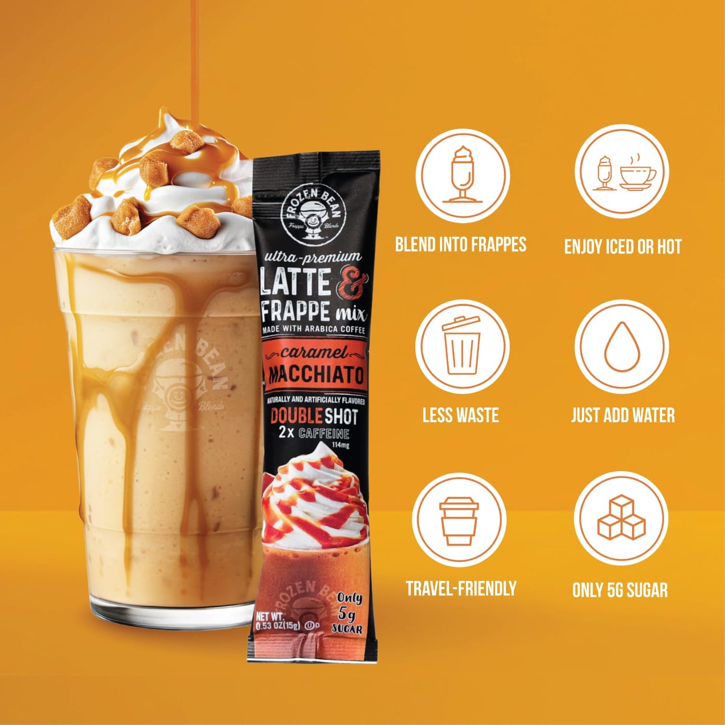 The Frozen Bean Vanilla Bean Frappe & Latte Instant Mix (10 Sticks), Made with Arabica Coffee, Double Shot Caffeine, Low Sugar & Premium Ingredients, Hot, Iced, or Blended Drinks