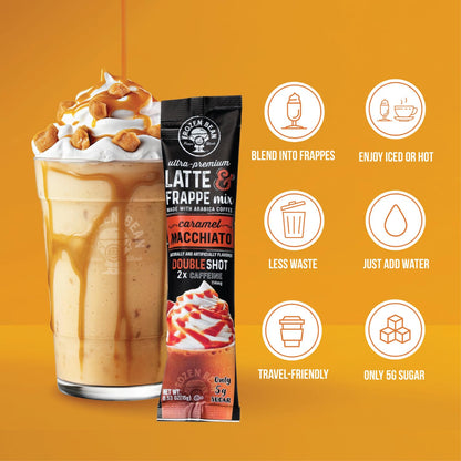 The Frozen Bean Vanilla Bean Frappe & Latte Instant Mix (10 Sticks), Made with Arabica Coffee, Double Shot Caffeine, Low Sugar & Premium Ingredients, Hot, Iced, or Blended Drinks