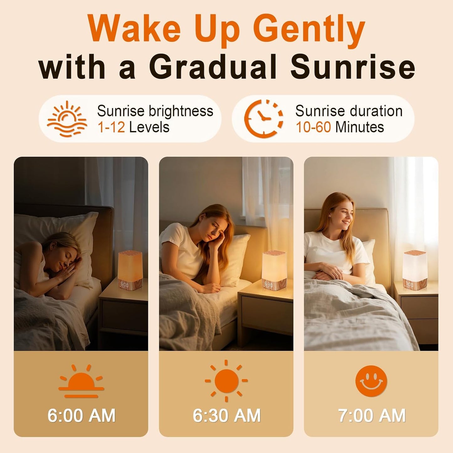 10-60 Mins Simulated Sunrise Alarm Clock: Gentle Wake Up Light with Adjustable Brightness, 32-Level Volume, Bright & Loud Enough for Dark Morning Bedroom - White Noise Machine with 30 Soothing Sounds