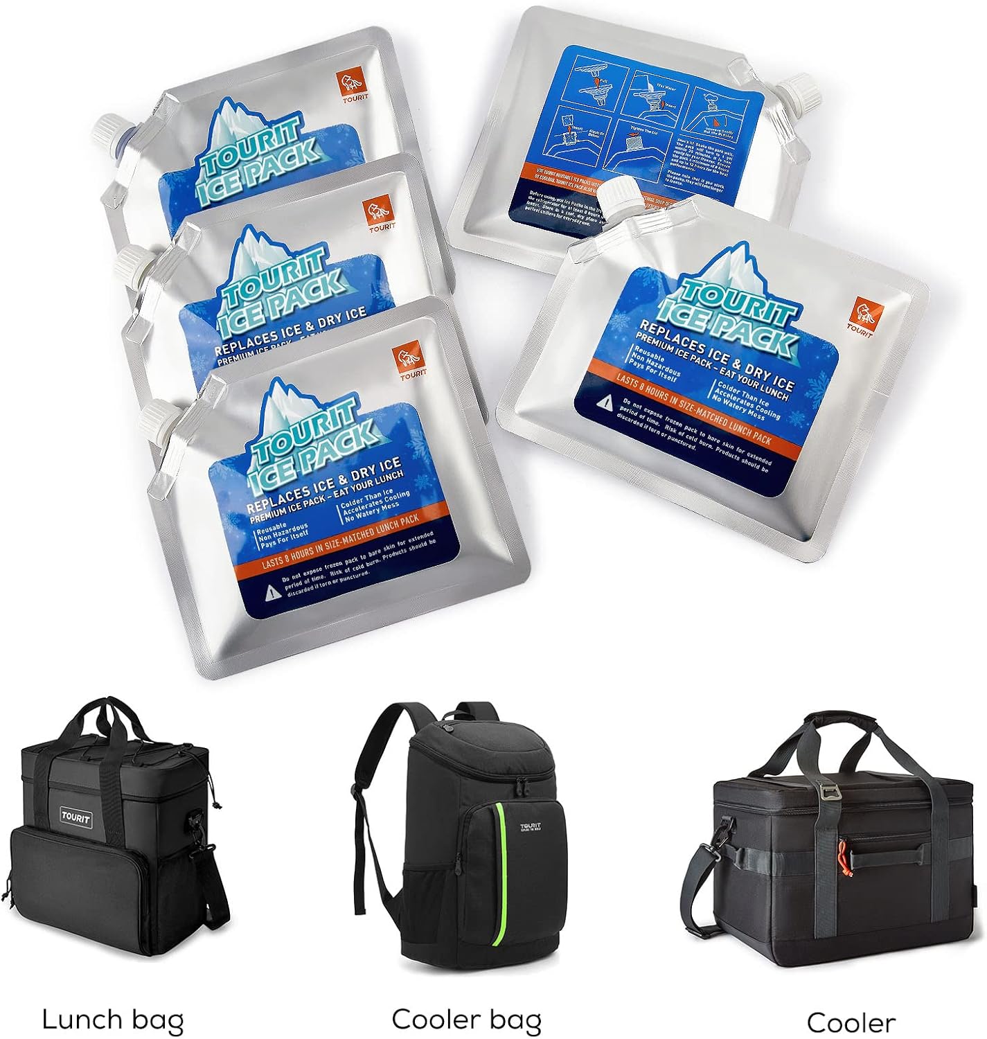 TOURIT Reusable Ice Pack for Coolers Long Lasting Cooler Ice Packs for Cooler Bag Lunch Bags/Boxes, Cooler Backpacks, Freezer Packs for Coolers