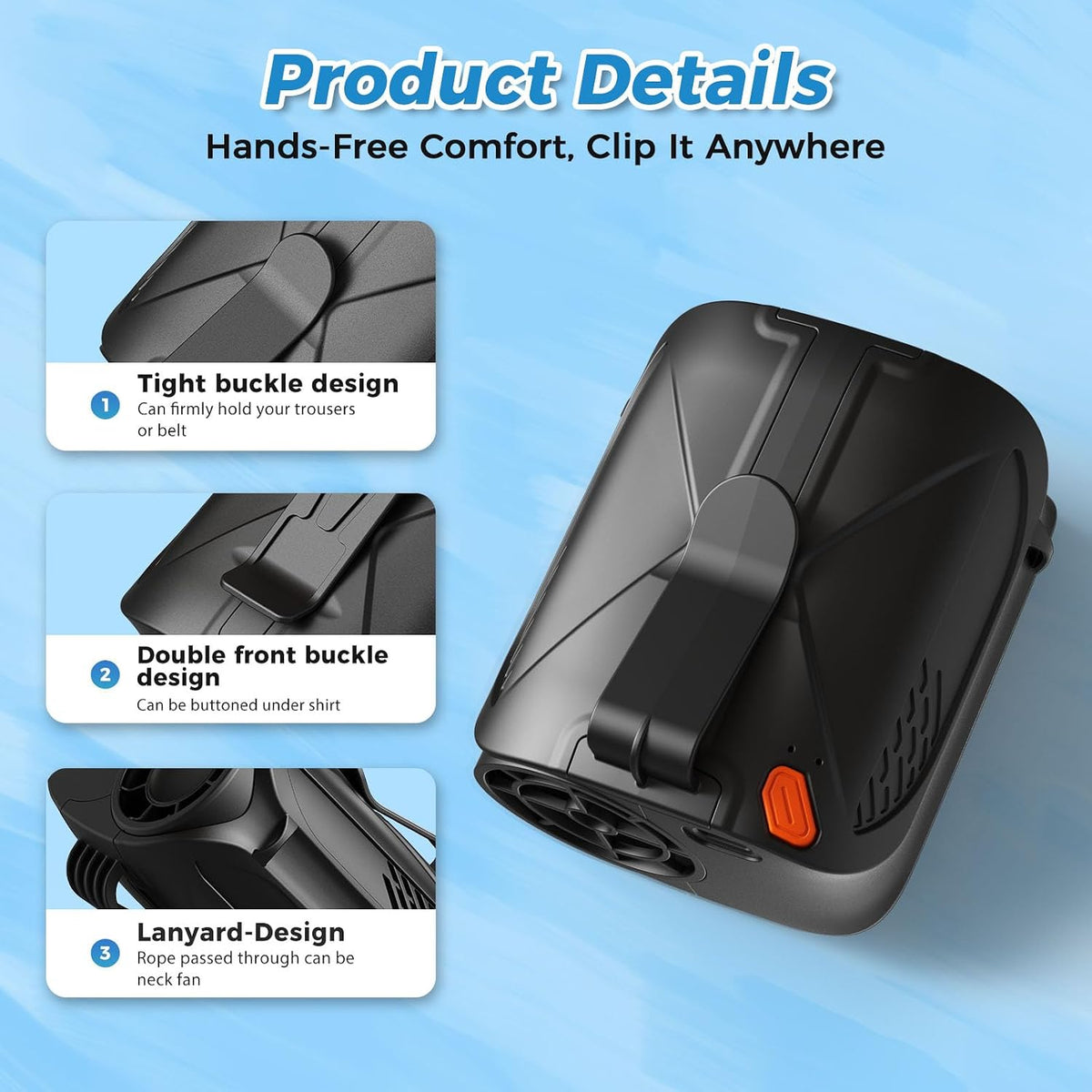 Waist Fan Portable Clip on: 6000mAh Mini Rechargeable Personal Belt Cooling Fan under Shirt - Cool Body Fans Under Clothes for Outdoor Travel Walking Work for Men and Women (Black)