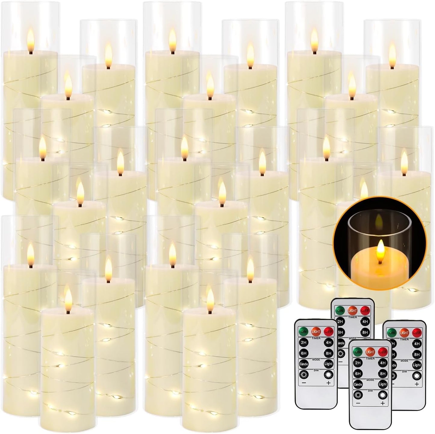 24 Pcs LED Flameless Candles with Remote, 3D Flickering Flame & LED String Lights, Acrylic Clear Cylinder, Timer Function, Romantic Ambience for Home Decor, Party, Wedding (Ivory).