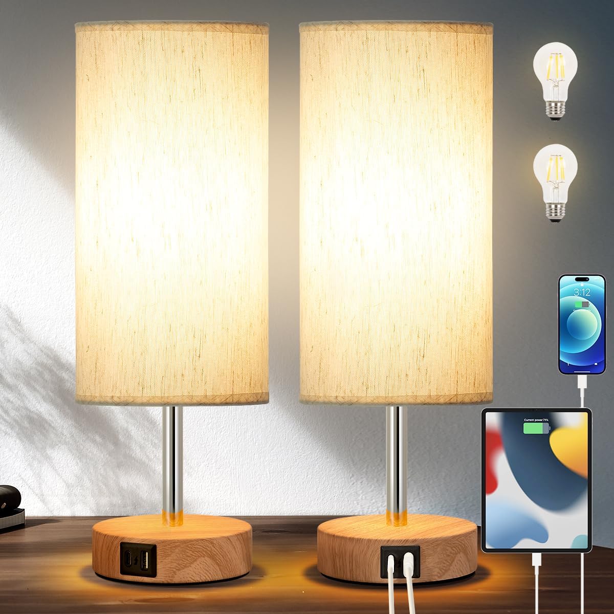 Yarra-Decor Bedside Lamps with USB Port - Touch Control Table Lamp for Bedroom Wood 3 Way Dimmable Nightstand Lamp Set of 2 with Round Flaxen Fabric Shade for Living Room, Dorm, Home Office (2 Pack)